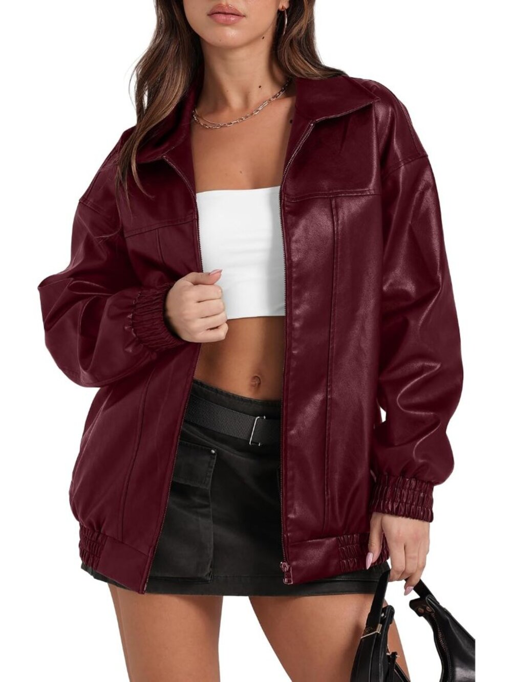 Women's Red Leather Jacket Oversized Motorcycle Bomber Fall Fashion Coats